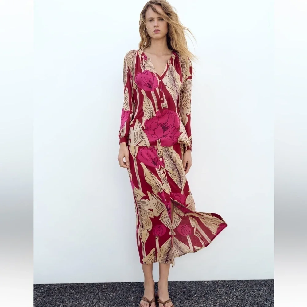 Zara New Women Bohemian Floral‎ Print High Waisted Midi Skirt Size M